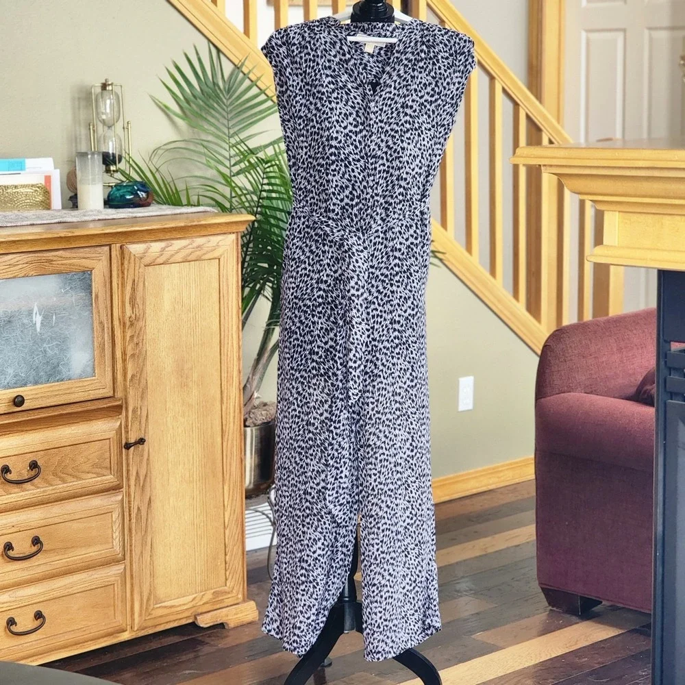 Black White MICHAEL KORS‎ Sleeveless WIDE LEG Tie Button JUMPSUIT Sz Medium